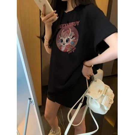 PF204#潮牌黑色正肩短袖t恤女2024新款夏季设计感小众宽松美式半袖上衣