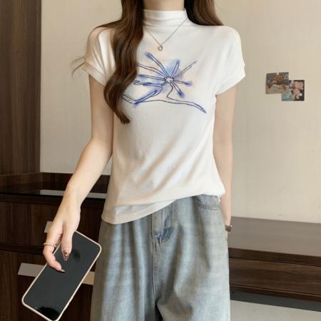 PF211# 40支纯棉 2024夏装 印花半高领打底女短袖T恤