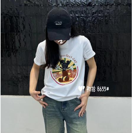 PF214#米奇卡通毛巾绣短袖t恤女2024新款春夏宽松打底衫内搭上衣
