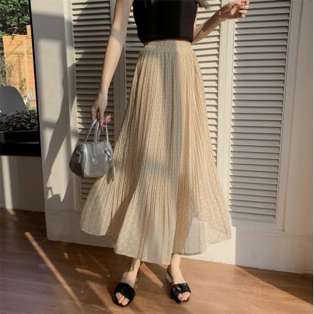 PF216#时尚韩版大码波点百褶裙中长款仙女雪纺裙