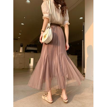 PF219#原创小众网纱半身裙2024春夏高腰a字百褶裙中长款鱼尾纱裙女长裙