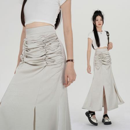 PF224#新款女高腰缎面半身裙褶皱修身包臀鱼尾裙长裙