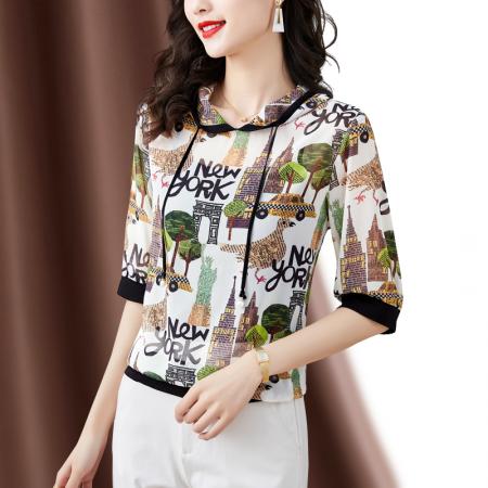 PF231#高端仿真丝印花女夏2024新款连帽卫衣防嗮半袖外搭上衣
