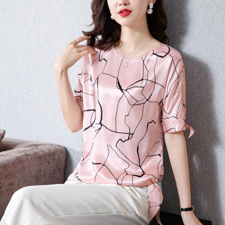 PF234#高端缎面仿真丝2024水墨醋酸T恤大码显瘦时尚短袖上衣