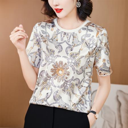 PF237#夏季新款高端真丝印花圆领洋气短袖女T恤上衣
