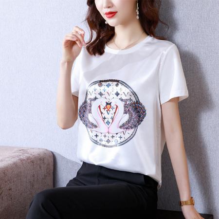 PF238#新款重磅真丝T恤宽松女短袖印花白色圆领小衫半袖上衣