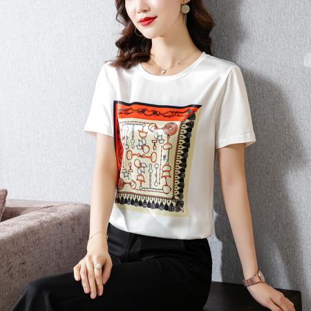 PF239#新款重磅真丝T恤宽松女短袖印花白色圆领小衫半袖上衣