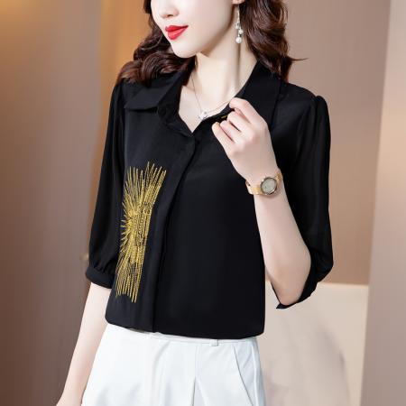 PF242#高端缎面仿真丝衬衫2024新款五分袖黑色绣花时尚职业上衣