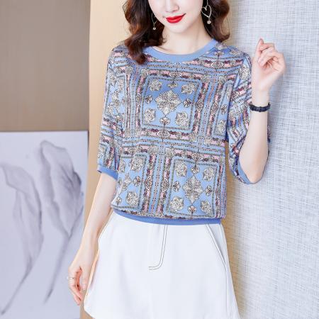 PF245#高端缎面仿真丝2024印花宽松复古五分短袖T恤上衣