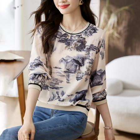 PF247#新款春秋高端韩国麻印花圆领长袖宽松休闲气质套头上衣