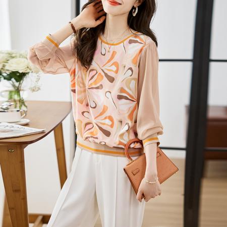 PF249#新款高端针织斜纹印花套头长袖宽松拼接气质外套上衣