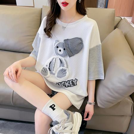 PF258#华夫格后包领韩版小熊绣花短袖T恤女上衣中长款
