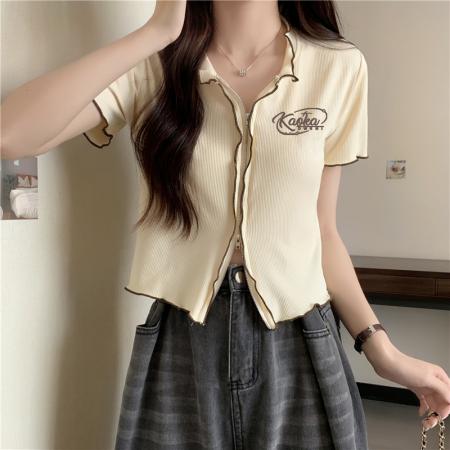 PF259#人棉莫代尔修身缴边别致设计短款开衫双拉链短袖T恤女