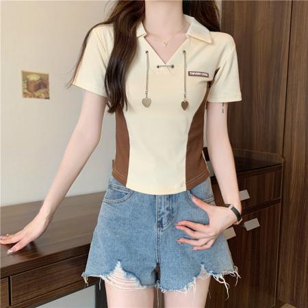 PF260#纯棉高弹夏季新款设计感小众别致性感V领短款短袖T恤女潮