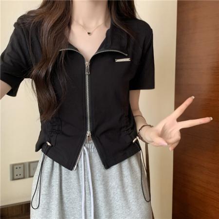 PF261#纯棉高弹夏季新款设计小众polo领短款短袖T恤女潮