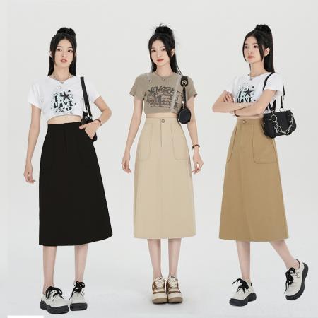 PF262#新款女韩版高腰半身裙松紧腰一步裙洗水棉中长裙