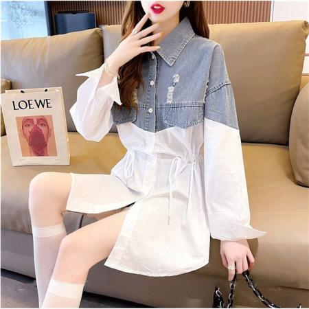 PF263#牛仔拼接外套女春装新款宽松休闲长袖时尚上衣网红欧洲站女装