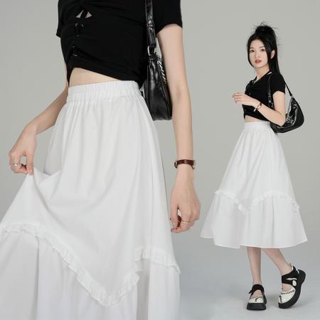 PF265#新款女学院风半身裙松紧腰A字中长裙纯色