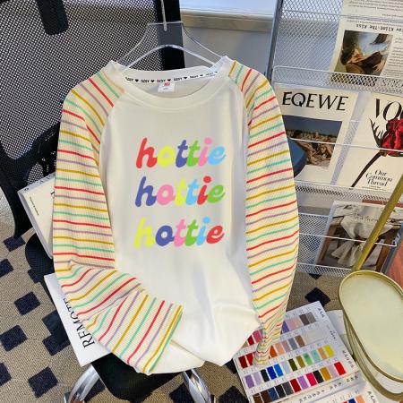 PF267#纯棉长袖t恤女春秋薄款插肩袖潮圆领打底衫上衣大码女装