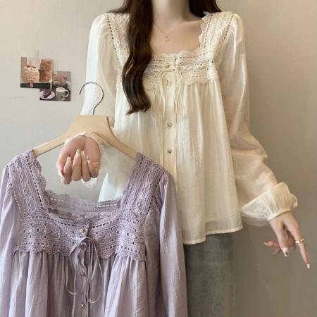 PF281#大码女装 新款法式甜美蕾丝花边宽松遮肉系带衬衫