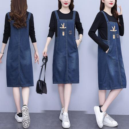 PF282#大码女装牛仔裙 新款胖妹妹显瘦假两件宽松a字背带裙