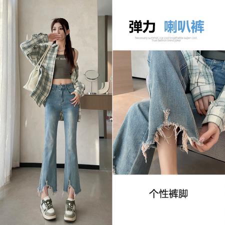 PF285#复古破洞微喇牛仔裤女 新款高腰显瘦小个子八九分喇叭裤