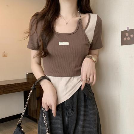 PF287#不规则假两件百搭短袖T恤女春季小众设计感辣妹短款上衣ins潮