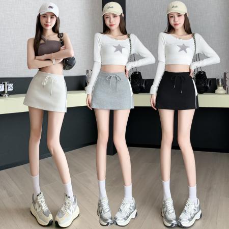 PF296#抽绳运动卫衣裙女夏天外穿撞色边高腰休闲a字半裙ins潮防走光