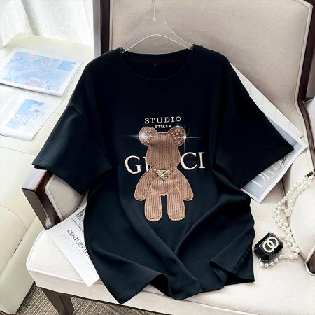 PF297#新款纯棉100%正肩T恤重工钉珠镶钻短袖T恤