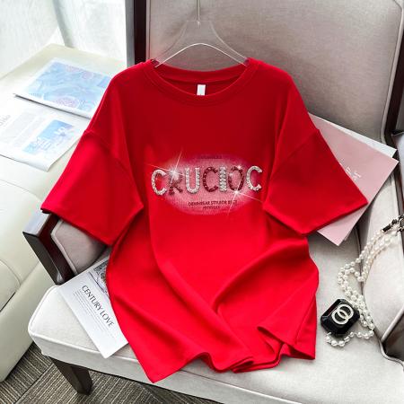 PF299#春夏新款100%纯棉T恤重工钉珠镶钻字母短袖T恤