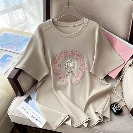 PF300#新款重工烫钻笑脸纯棉短袖T恤女休闲简约