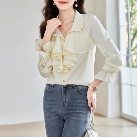 PF312#法式复古荷叶边气质上衣2024春新款设计感小众洋气百搭衬衫
