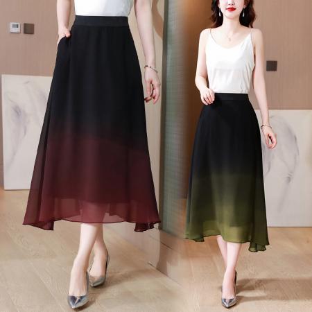 PF317#夏新款高腰中长渐变色雪纺裙中老年大码半身裙