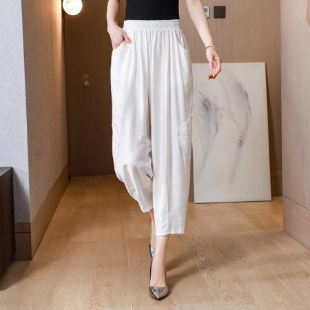 PF318#新款重工钩花棉麻松紧显瘦小个子文艺灯笼裤