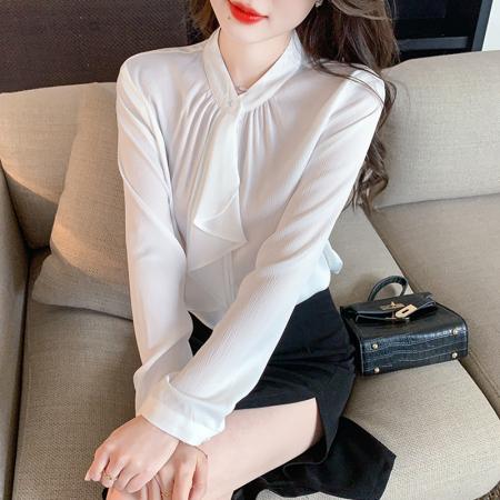 PF319#新款紫色飘带领结长袖衬衫女气质通勤职场衬衣