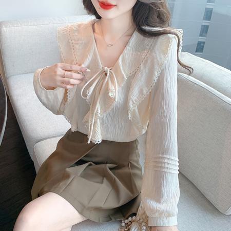 PF320#新款法式V领系带设计感小众气质荷叶边上衣衬衣女