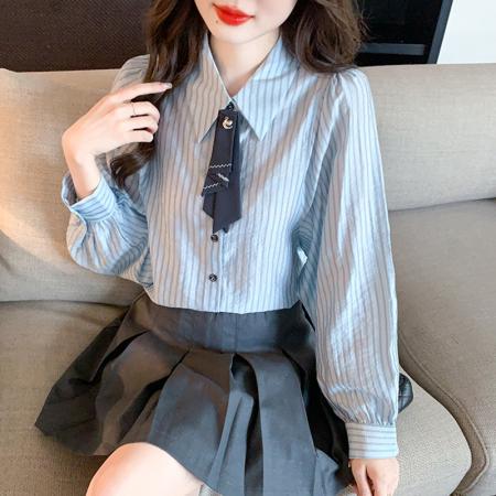 PF322#新款蓝条纹衬衫女装设计感小众衬衣法式上衣女