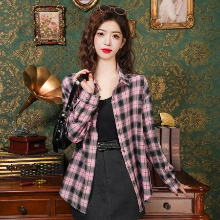 PF326#烫钻黑粉格子衬衣女新款长袖衬衣设计感小众上衣薄外套