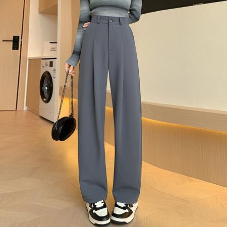 PF341#阔腿裤女春秋新款高腰宽松裤子垂感黑色秋冬窄版直筒裤西装裤