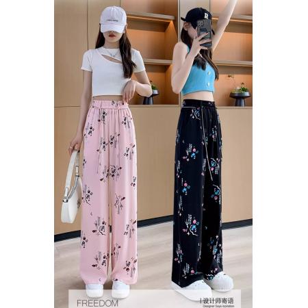 PF343#原版做工 夏装新款女士时尚显瘦阔腿休闲裤高腰印花裤子