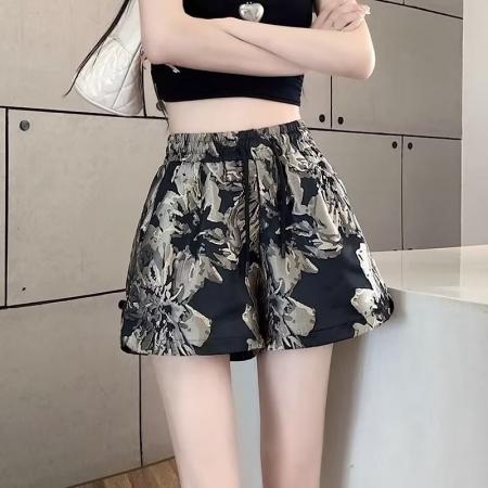 PF345#欧货夏季新款冰丝短裤2024女松紧腰宽松百搭显瘦几何A字阔腿裤