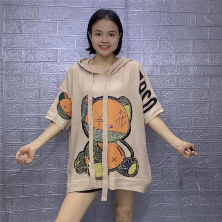 PF375#财迷熊针织连帽短袖t恤 新品宽松大码重工烫钻ins上衣潮