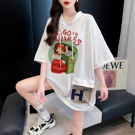 PF395#纯棉｜抖音质量 连帽短袖t恤女中长款夏季宽松大码上衣