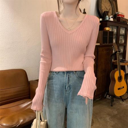 PF396#粉色针织v领打底衫 新款女秋冬季气质毛衣多巴胺穿搭长袖上衣