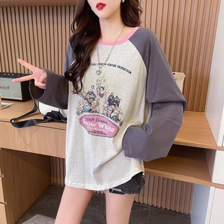 PF428#纯棉 春秋新款卡通套头T恤女拼接宽松打底衫上衣ins潮
