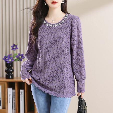 PF453#大码女装2024春季新款胖mm镶钻蕾丝衫洋气圆领长袖百搭打底上衣