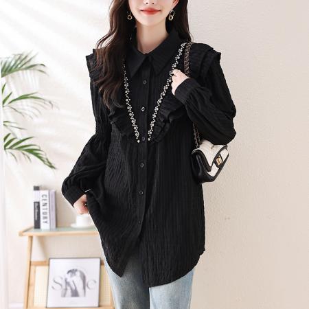 PF454#大码女装2024春季新款上衣遮肚子显瘦遮肉夏款钉珠胖妹妹巨显瘦