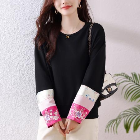 PF455#新中式时尚刺绣拼接T恤2024年春季新款宽松上衣欧洲站大码女装潮