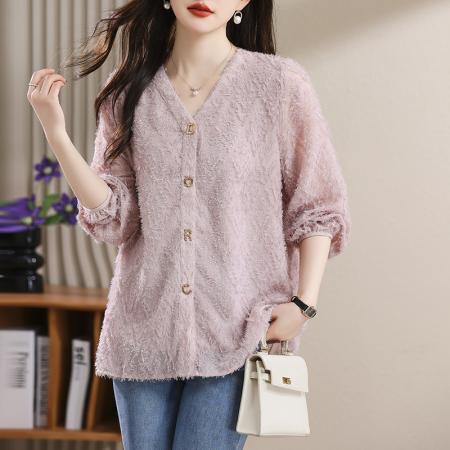 PF456#领雪纺衬衫女春夏款2024新款欧货宽松别致小衫洋气减龄显瘦上衣