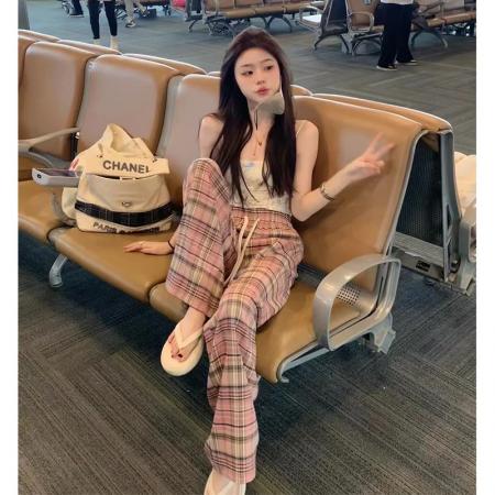 PF461#格子直筒休闲裤子女夏季韩版高腰显瘦慵懒风阔腿裤